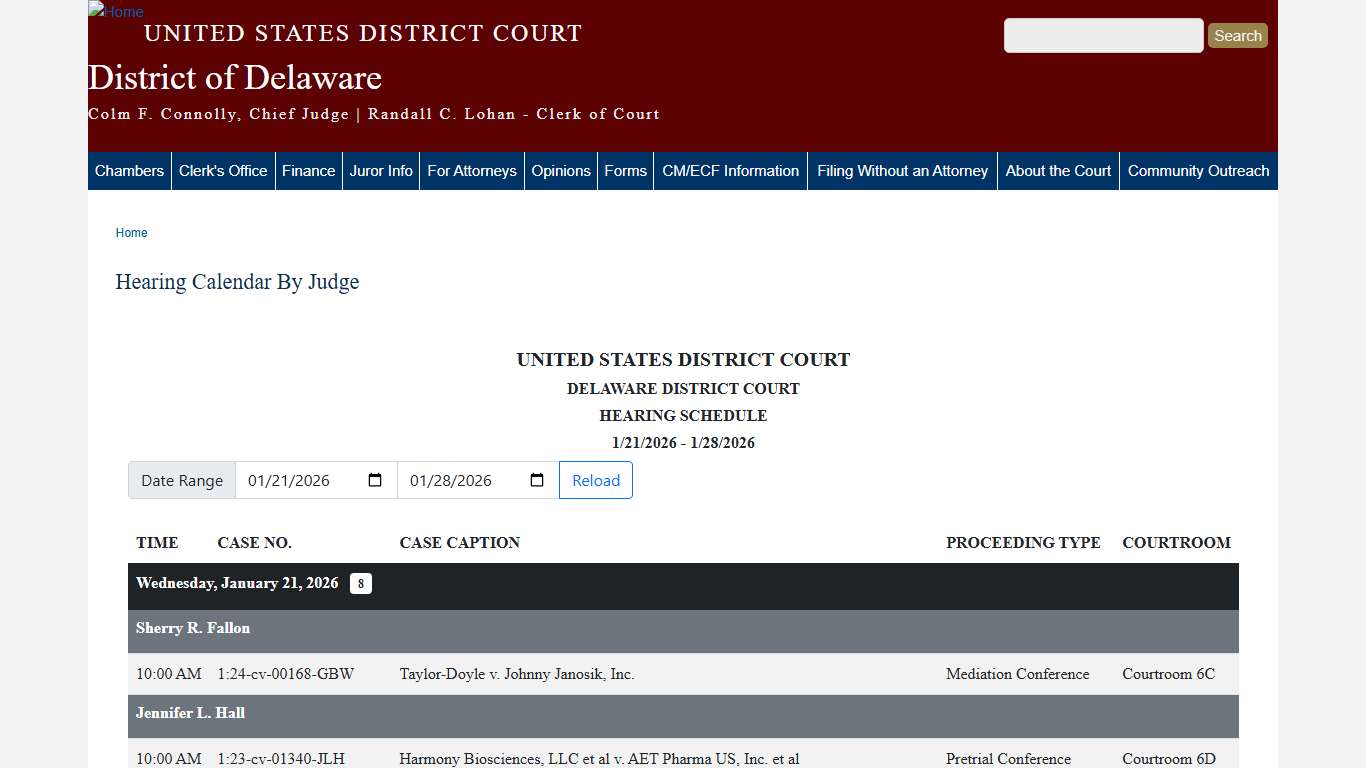 Hearing Calendar By Judge | District of Delaware | United States District Court